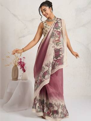 Pink printed blended cotton designer saree with blouse piece 4