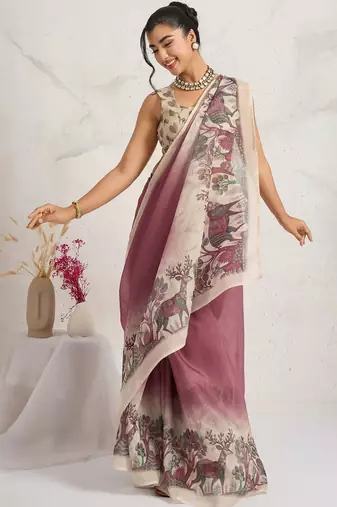 Pink printed blended cotton designer saree with blouse piece