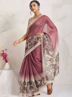 Pink printed blended cotton designer saree with blouse piece 5
