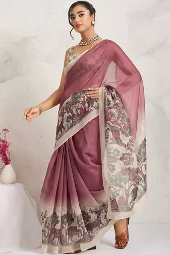 Pink printed blended cotton designer saree with blouse piece