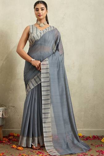 Grey printed blended cotton designer saree with blouse piece