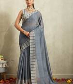 Grey printed blended cotton designer saree with blouse piece