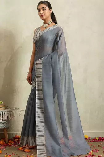 Grey printed blended cotton designer saree with blouse piece