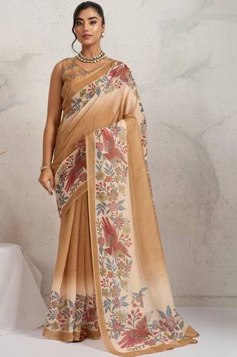 Tan printed blended cotton designer saree with blouse piece
