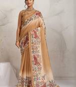 Tan printed blended cotton designer saree with blouse piece