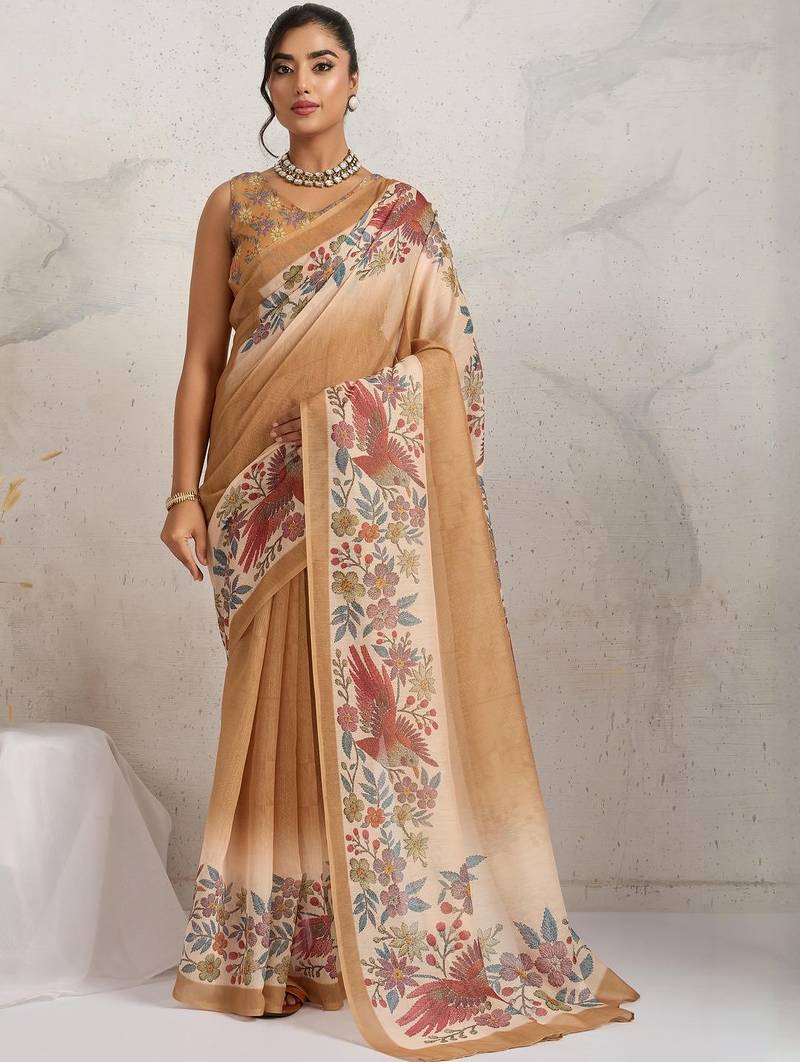 Tan printed blended cotton designer saree with blouse piece