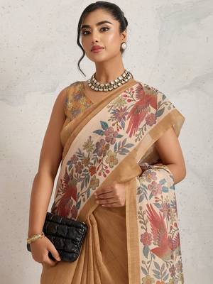 Tan printed blended cotton designer saree with blouse piece 2