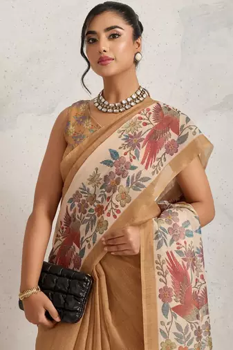 Tan printed blended cotton designer saree with blouse piece