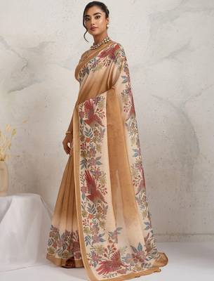Tan printed blended cotton designer saree with blouse piece 3
