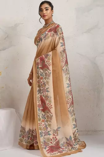 Tan printed blended cotton designer saree with blouse piece