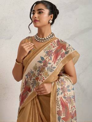 Tan printed blended cotton designer saree with blouse piece 5