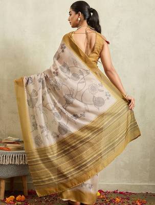 Cream printed blended cotton designer saree with blouse piece 4