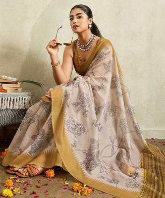 Cream printed blended cotton designer saree with blouse piece 5