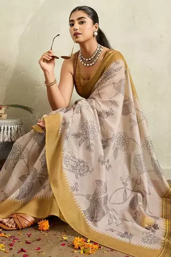 Cream printed blended cotton designer saree with blouse piece