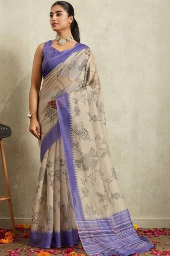 Beige printed blended cotton designer saree with blouse piece