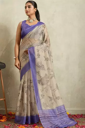 Beige printed blended cotton designer saree with blouse piece