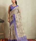 Beige printed blended cotton designer saree with blouse piece