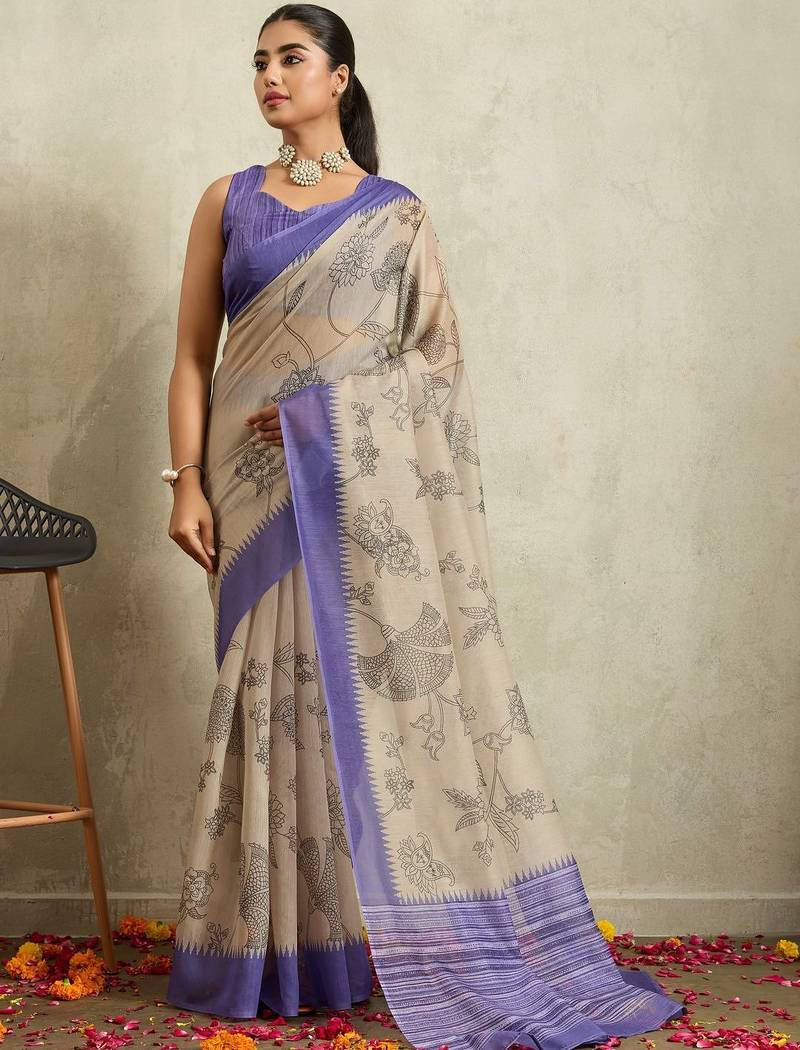 Beige printed blended cotton designer saree with blouse piece