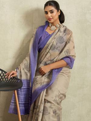 Beige printed blended cotton designer saree with blouse piece 2