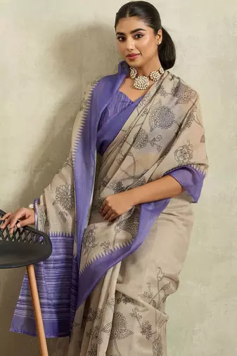 Beige printed blended cotton designer saree with blouse piece