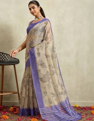 Beige printed blended cotton designer saree with blouse piece 3