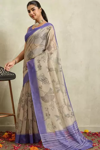 Beige printed blended cotton designer saree with blouse piece