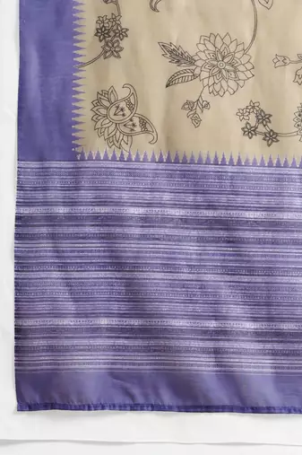 Beige printed blended cotton designer saree with blouse piece