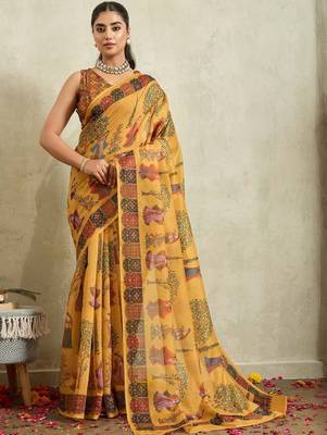 Yellow printed blended cotton designer saree with blouse piece 1