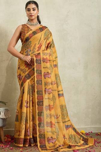 Yellow printed blended cotton designer saree with blouse piece