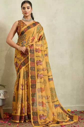Yellow printed blended cotton designer saree with blouse piece