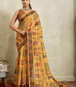 Yellow printed blended cotton designer saree with blouse piece