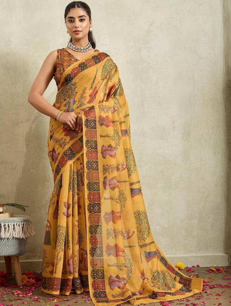Yellow printed blended cotton designer saree with blouse piece
