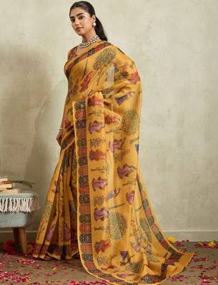 Yellow printed blended cotton designer saree with blouse piece 2