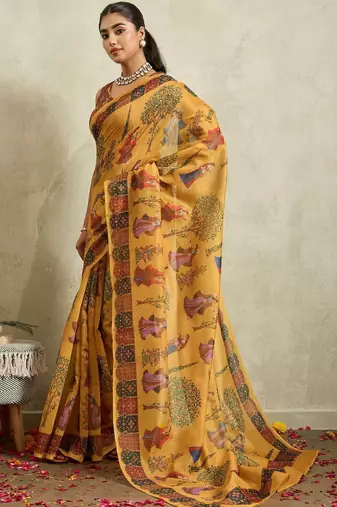 Yellow printed blended cotton designer saree with blouse piece