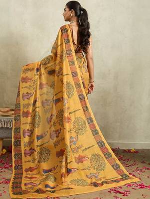 Yellow printed blended cotton designer saree with blouse piece 3