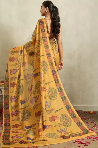 Yellow printed blended cotton designer saree with blouse piece