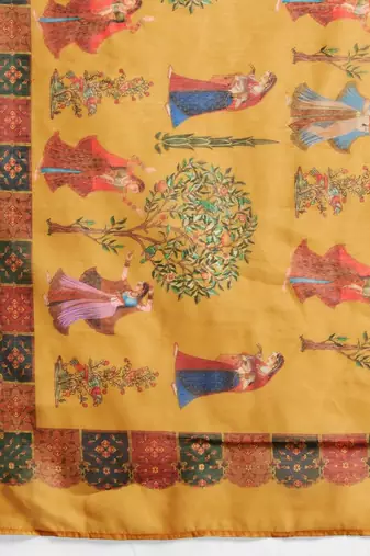 Yellow printed blended cotton designer saree with blouse piece