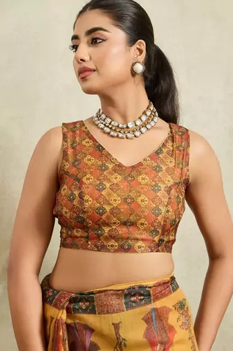 Yellow printed blended cotton designer saree with blouse piece