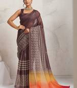 Brown printed blended cotton designer saree with blouse piece