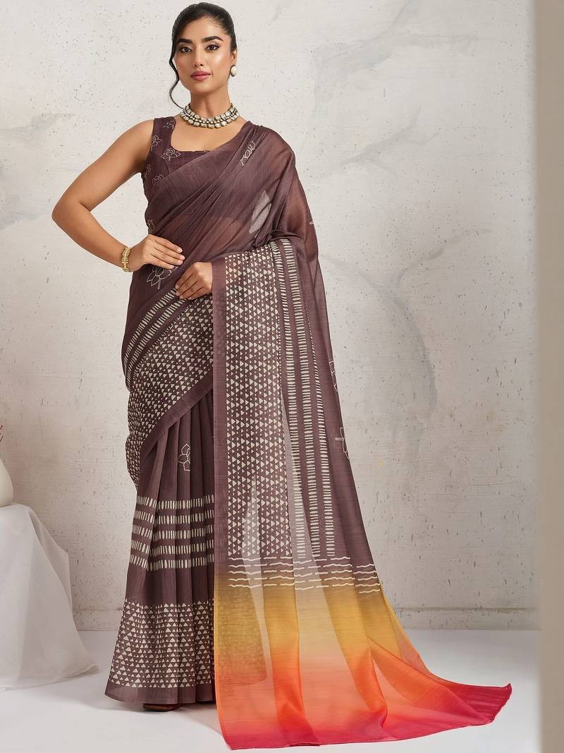 Brown printed blended cotton designer saree with blouse piece