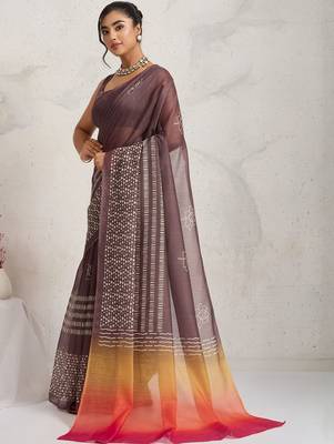 Brown printed blended cotton designer saree with blouse piece 3