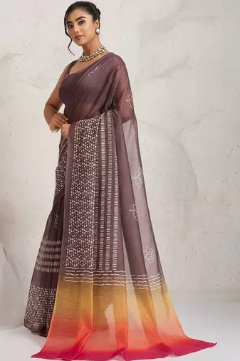 Brown printed blended cotton designer saree with blouse piece