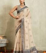 Cream printed blended cotton designer saree with blouse piece