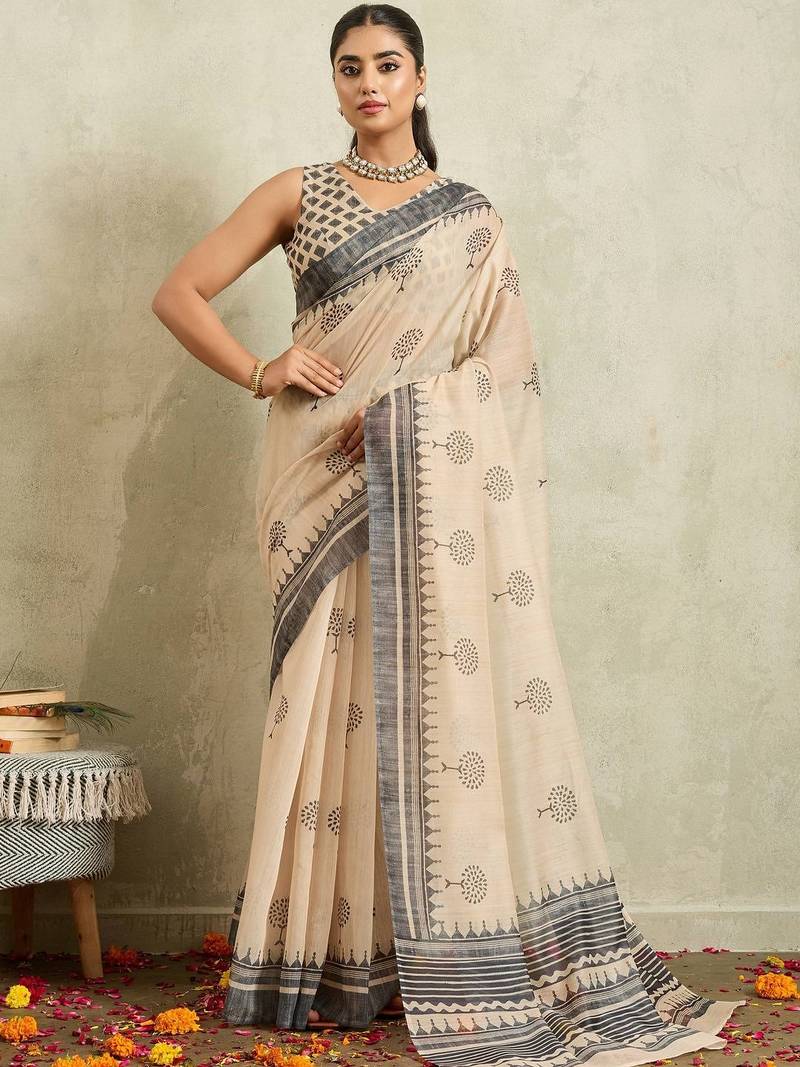 Cream printed blended cotton designer saree with blouse piece