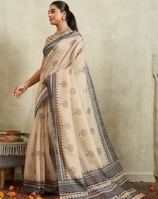 Cream printed blended cotton designer saree with blouse piece 3