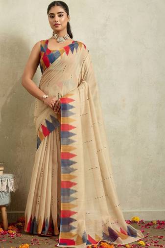 Beige printed blended cotton designer saree with blouse piece