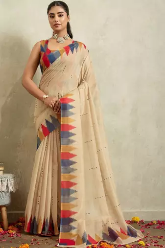Beige printed blended cotton designer saree with blouse piece