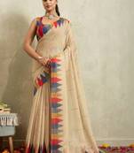 Beige printed blended cotton designer saree with blouse piece