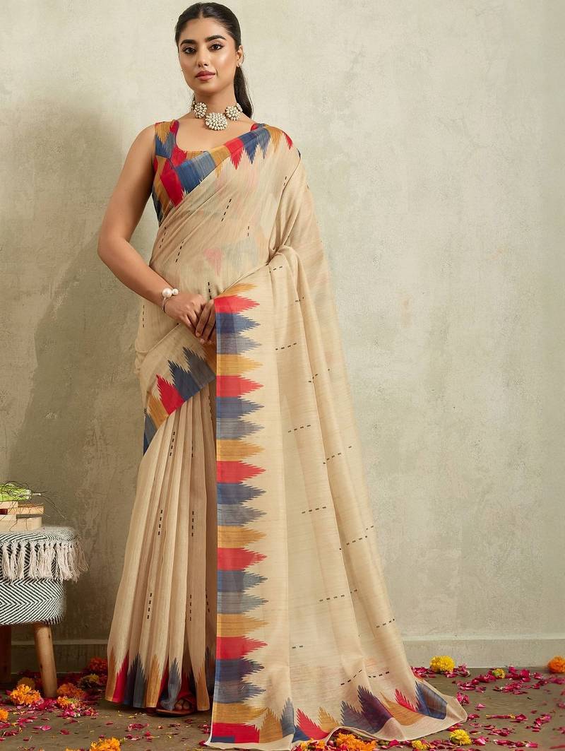 Beige printed blended cotton designer saree with blouse piece