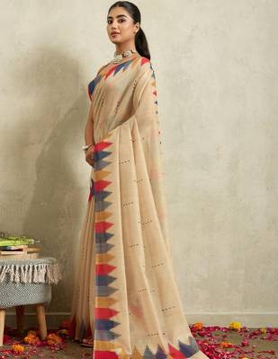 Beige printed blended cotton designer saree with blouse piece 2